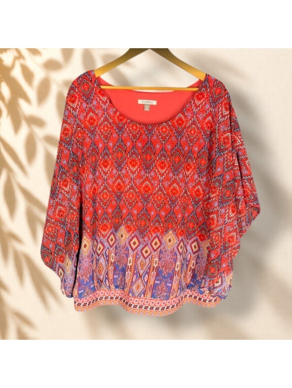 Roz & Ali Blouse Women 2X Plus Red Geometric Long Sleeve Round Neck Casual